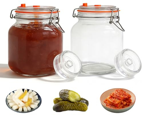 PORFOYO Fermentierglas 2L, Gärbehälter mit Luftschleuse, Glas Zum Fermentieren für Kimchi, Sauerkraut, Sauerteig, Fermentation Glas mit Silikondeckel und Gärgewicht, 2 Stück
