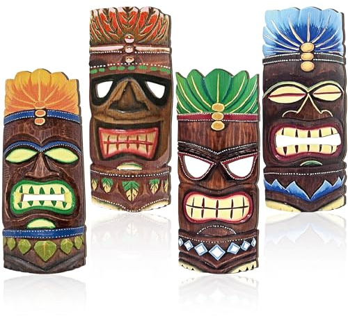 Soulchen 4 Pcs 11.8 Inch Wooden Tiki Masks Tiki Totem Hanging Decor Island Tropical Polynesian Hawaiian Luau Bar Party Wall(Stylish)