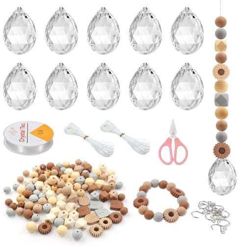 122Pcs Handgemachter Sonnenfänger DIY Kristall Bastelset Sonnenfänger Set | Kristall Sonnenfänger Anhänger mit Holzperlen und Kristallkugel Fensterdeko Boho Regenbogen für Wohndekoration