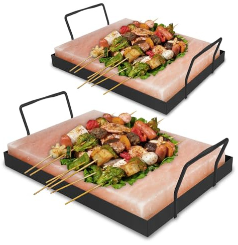 Jaxguom 2x Pacco XXL Pietra di Sale per Grigliare, 20x30x3cm Pietra di Sale con Piastra di Ferro, Pietra di Sale Riutilizzabile, Sale Cristallino Originale delle Prealpi, Pietra di Sale per Grigliare