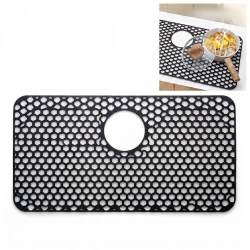 GLOBALHUT Tappetino Antiscivolo per lavello in Silicone, 66 x 35 cm | Con fori, resistente al calore, lavabile in lavastoviglie, protezione per piano di lavoro del bagno del camper, Nero