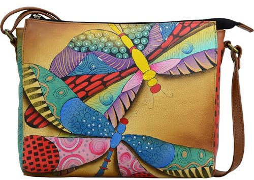 Anna by Anuschka Damen Umhängetasche, Größe M Crossbody aus echtem Leder, handgemalt, schmal, mittelgroß, Motiv: tanzende Libellen