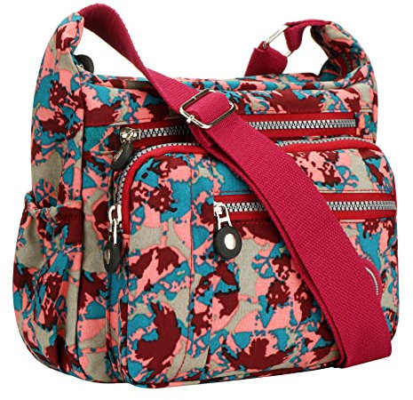 YYW Womens Multi Pocket Casual Cross Body Bag Travel Bag Messenger Handbag for Shopping Hiking Daily Use (Camo red)