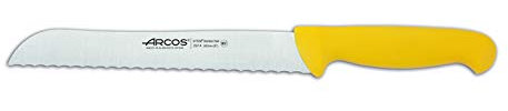 Arcos Serie 2900 - Caja 6 uds Cuchillo Panero - Hoja Serrada de Acero Inoxidable NITRUM de 200 mm - Mango inyectado en Polipropileno Color amarillo (6 UDS)