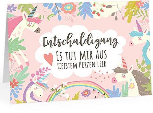 Einladungskarten Manufaktur Hamburg Große DIN A4 Klapp-Karte mit Umschlag/Einhorn Rosa/Sorry/Entschuldigung/Verzeih mir/Es tut mir leid