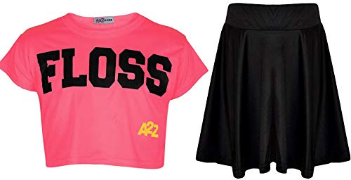 A2Z 4 Kids Girls T-Shirt and Skater Skirt Set Short Sleeve Top and Flared - Floss Neon Pink Crop & Skirt Set 7-8