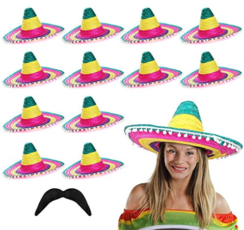 Lot de 6 sombero mexicain avec pompons et moustache - Chapeau mexicain paille vacances cerf boîte de nuit bandito - Multicolore