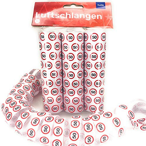 Carpeta 27 Luftschlangen * 50. Geburtstag * als Deko für Party und Birthday | 3 Rollen mit je 9 Schlangen mit Verkehrsschild Zahl 50 | Tischdeko Streamer Runder Geburtstag