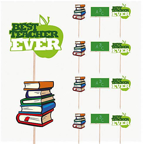 AK Giftshop Best Teacher Teaching Books Mix Party Food Cupcakes Picks Decorations Toppers (pack of 14)