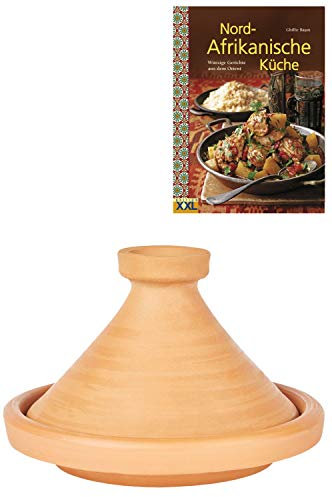 Pentola per tajine marocchina per cucinare + ricettario | Casseruola non smaltata Aladin Ø 31 cm per 3-5 persone | con ricette libro cucina nord africana | originale pentola di terracotta fatta a mano