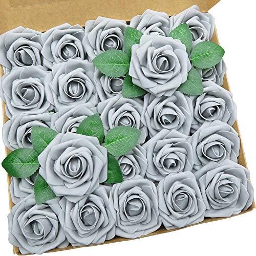 Ancokig Künstliche 25 Stück Rosen Blumen Schaumrosen Foamrosen Kunstblumen Rosenköpfe Gefälschte Kunstrose Rose für Hochzeit Blumensträuße Braut Zuhause Dekoration (Grau,25 Stück)