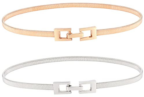 JasGood 2 Stücke Damen Skinny Metallgürtel Modische Elastische Taillengürtel Gold Silber Bund Gürtel Hüftgurt, Gold/Silber, 66cm