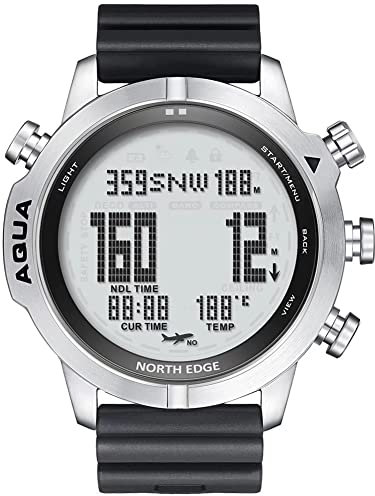 NORTH EDGE Aqua Professionelle Tauchcomputeruhr für Herren, Tauchen, 50 m, Taucheruhren mit Tauchprotokoll, Höhenmesser, Barometer, Kompass, Silber