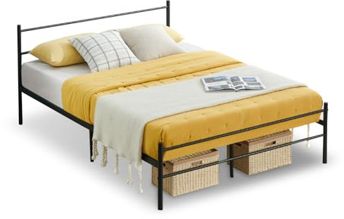 FetiNes Doppelbett Gästebett Metallbett, Modern Jugendbett Bettgestelle Bettrahmen mit Lattenrost für Schlafzimmer Gästezimmer Bett In Schwarz 140 x 190 cm