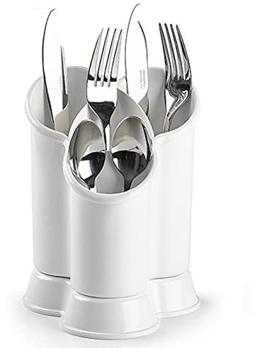 AC - Escurridor de Cubiertos Forma Trebol con 4 compartimientos; Organizador de Cubiertos para Utensilios de Cocina con Soporte de Plástico. Color Blanco.