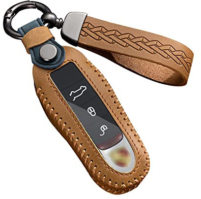 ontto Coque de clé de voiture en cuir pour Porsche 911 Carrera GT Turbo S Boxster Cayenne Cayman Macan Panamera Porte-clés Accessoires Porte-clés Protecteur Marron A