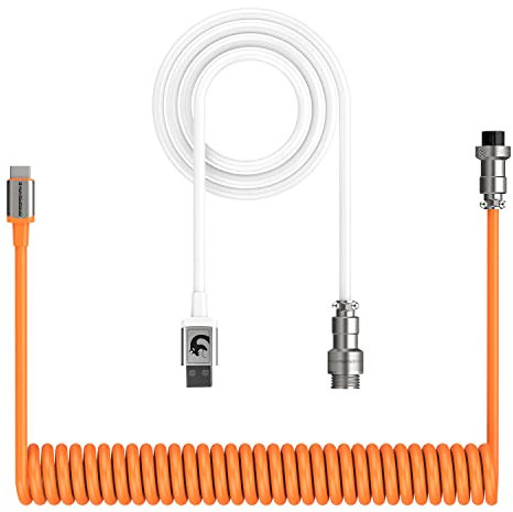 XINMENG G213 Pro Cable de teclado en espiral, cable USB tipo C, tipo C a USB A, cable de teclado mecánico de TPU con conector de aviador desmontable para teclado/teléfono para juegos (blanco/naranja)