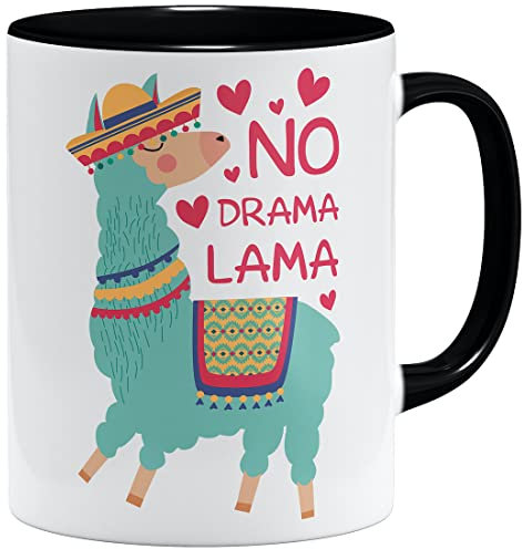 OM3® No Drama Lama Tasse mit Spruch Motiv Alpaka | Keramik Becher | 11oz 325ml | Beidseitig Bedruckt | Schwarz