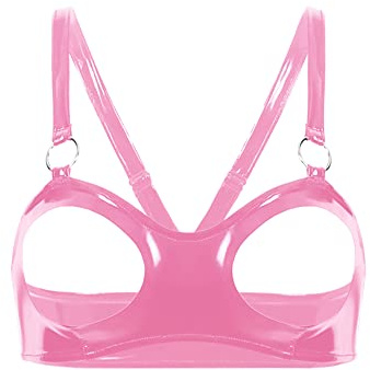 CHICTRY Women's Sexy Wetlook 1/4 Cup Underwired Shelf Bra Balconette Hollow Out Unlined Bralette Pink C M