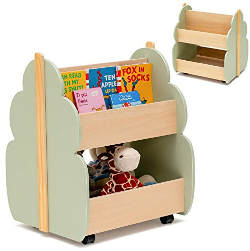 DREAMADE Kinder Bücherregal Kinderregal mit 3 offener Ablage, Spielzeug-Organizer, Spielzeugkiste mit Räder für Bücher und Spielzeug, für Kinderzimmer & Kindergarten 52x46x62,5 cm (Grün)
