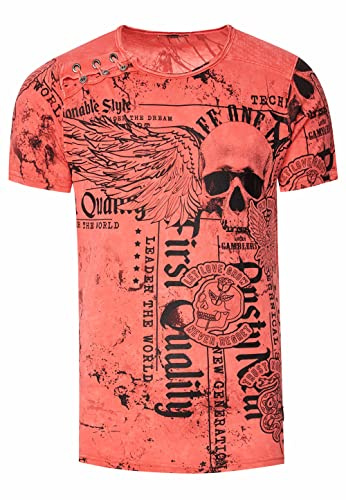 Herren T-Shirt Verwaschen mit Plakativem Print 'Flying-Skull' Stretch-Shirt Streetwear-Finest mit Seitlicher-Knopfleiste 296