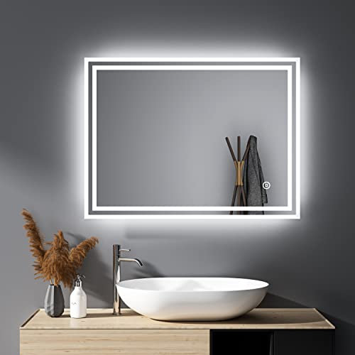 HY-RWML Badspiegel 80x60cm Badezimmerspiegel mit Beleuchtung 3 Lichtfarbe Touch Schalter Rechteckiger Wandspiegel Kaltweiß 6500K Energieklasse A++ für Badezimmer Wohnzimmer