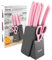 hecef Knife Set with Wooden Block & Scissors – Durable Stainless Steel Blade Extended Handle for Seamless Food Prep (Pink)