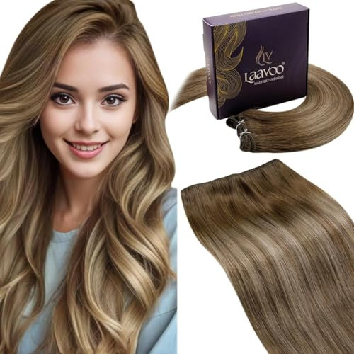 LaaVoo Tressen Extensions Echthaar Balayage Braun Haartressen Echthaar Zum Einnähen Hellbraun Ombre Goldene Blond Extensions Echthaar Tressen Glatt 30cm 80Gramm #8/16/8