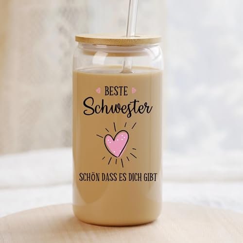 Juratar Schwester Geschenk, Cocktail Gläser mit Deckel und Strohhalm Geschenke für Schwester, bleifreie Trinkgläser, Iced Kaffeegläser, Ideal für Bier, Cocktail, Saft, Wasser