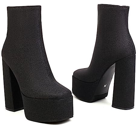 CRETUAO Botines Plataforma con Purpurina para Mujer,tacón Grueso Sexy Punta Redonda, Tacones Altos para Boda,Modelo de Moda Club Nocturno Danza Botines de tacón Alto