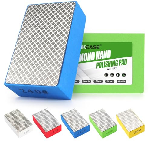 Diamond Hand Polishing Pads, 5PCS Diamond Sanding Pads 60/120/240/400/1000 Grit Sanding Block Foam Backing for Tile Glass Stone Marble Granite Ceramics Metal Wet&Dry