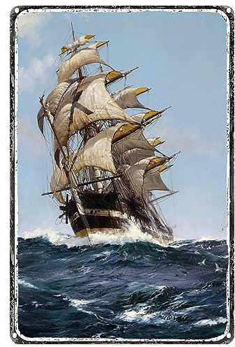 Wandkunst Vintage Metallschild Segelboot und Mast Eisen Malerei Kreative Blechschilder Sommer Ozean Dekor Für Zuhause Bar Pub Club Beach Man Cave Garage 14x20cm