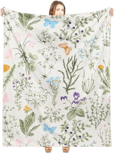 Buryeah Spring Throw Blanket Wildflowers Butterfly Blanket Green Wild Flower Plant Blankets 60 x 50 Inches Vintage Herbs Blanket Colorful Wild Flowers Printed Flannel Blanket for Bed Sofa Chair