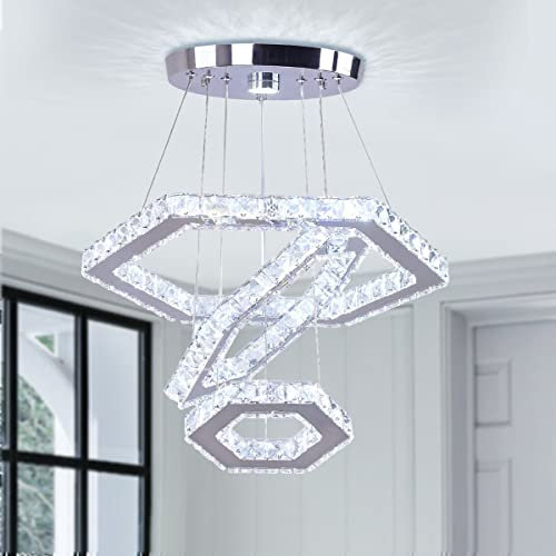 Finktonglan Moderner LED Kristall Kronleuchter 3 Ringe Pendelleuchte Verstellbare Edelstahl Kronleuchter Deckenleuchte für Wohnzimmer Esszimmer Schlafzimmer (kühles Weiß)
