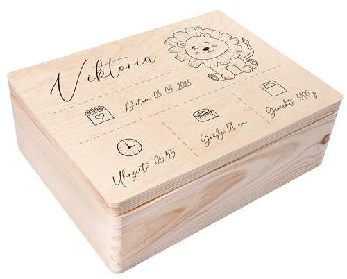 Creative Deco Erinnerungsbox Baby Personalisiert mit Namen - Löwen | 40 x 30 x 14 cm | Individuelle Erinnerungskiste Geschenk zur Geburt für Mädchen und Jungen | Holzkiste mit Deckel | Farbdruck