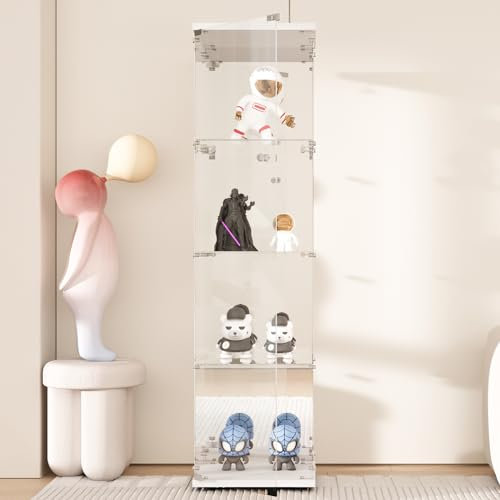 AUFHELLEN Glasvitrine Standvitrine mit Spiegel,164x42.5x36.5CM 4-lagiger Modern Glas Vitrine aus ESG Weißes Holzbrettfür Sammlerstücke Bücher Wein