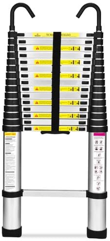 HBTower Scala telescopica da 4,7 metri con ganci e piedini antiscivolo, leggera scala pieghevole in alluminio per soppalchi, camper, esterni ed interni, capacità di 150 kg.Argentato