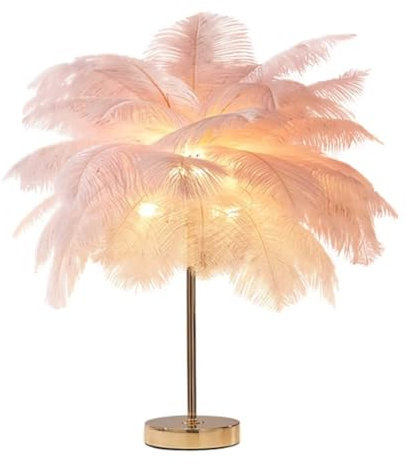 GUANSHAN Kreative Rosa Straußenfeder Tischlampe Nachttischlampe Licht Luxus und Eleganter Lampenschirm Nachtlicht Tischbeleuchtung Für Wohnzimmer Schlafzimmer Heimtextilien, Wiederaufladbar