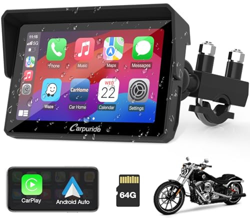 Carpuride W502 5 for Motorcycle Apple Carplay/Android Auto | GPS Navigation for Motorbike, Support Dual Bluetooth, Car GPS, Siri, Google Assistant, TF-64G