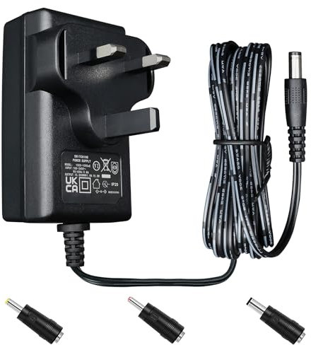 15V 1A 15W 1.8M Long Power Supply Adapter, AC DC Switching Adapter (Input 100-240V, Output 15Volt 1Amp 1000mA), DC 15V Wall Mount Transformer Plug with 3 Interchangeable Adapter Jacks, UKCA Listed