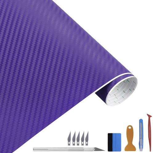 Carbon Autofolie Matt Lila Mit Einbauwerkzeug, 30 x 300 cm Selbstklebend 3D Car Wrapping Blasenfrei Vinyl Folie, Carbonfolie Lackschutzfolien für Auto Motorrad DIY
