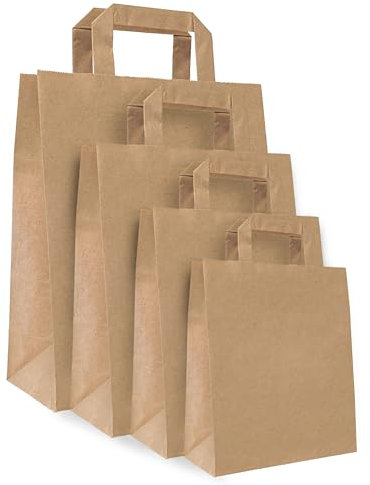 Packy - Sac Kraft avec Poignée Plate Marron - 4 Tailles Disponibles - Sac Papier Kraft Brun Petit ou Grand Format - Sachet Kraft Alimentaire 26x35x12 cm (11 litres) - Lot de 250