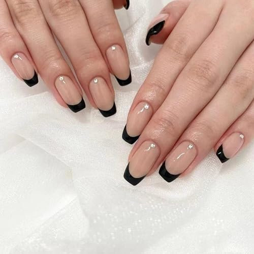 MrCuvaryas 24 Stück French Tip Press on Nails Kurz, Nägel zum Aufdrücken, Squoval Nude Natürlich Weiß French Fake Nails mit Nagelkleber für Frauen Nail Art (Black Coffin, 12 Größe)
