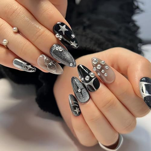 24pcs Press On Nails Almond - Medium Sizes Black Fake Nails With Glue - Full Cover Acrylic False Nail Tips - Beads & Stars Stick On Nails For Women Manicure Nail Salon At Home