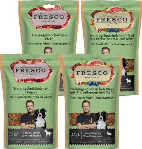 Fresco Martin Rütter Trainingsknöchelchen Probierpaket Pferd | 4 x 150 g | Natürlicher Monoproteinsnack | Leckerer Snack für Hunde