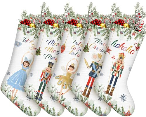 Riyiper 5 Pcs Nutcracker Christmas Stocking 18 Inch Winter Christmas Nutcracker Stocking Large Vintage Linen Christmas Treat Hanging Stocking Gift Bag Stockings for Fireplace Xmas Tree (Green Leaf)