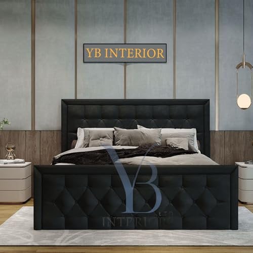 YB INTERIORS LTD Plush Velvet Bed Frame Including Designer 49'' High Headboard – Ottoman Storage Bed Frame in Various sizes (Black, 4FT6 Double With Ottoman)