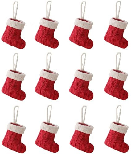 12 Stück Mini Weihnachtsstrümpfe Weihnachten Bestecktasche Besteckhalter, Gestrickte Weihnachtsstrumpf Nikolausstiefel Zum Befüllen, Hängende Strümpfe Besteckbeutel Tischdeko Für Weihnachtsdeko (Rot)
