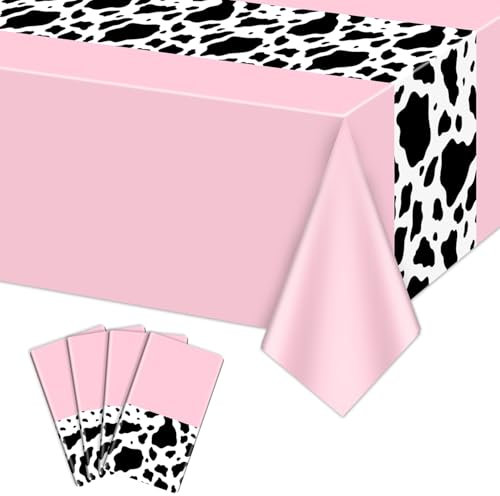 4 Pack rosa Kuh Druck Tischdecken, 130 x 220 cm cm Kuh Tischdecke rechteckige Kuh Tischdecke Baby Dusche Disco Cowgirl Geburtstag Party Dekorationen Zubehör