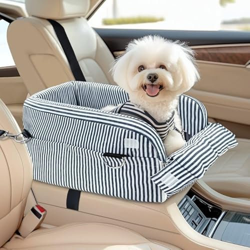LELEFIDO Asiento de coche para perros pequeños, consola central segura, asiento portátil para gatos con cinturón de seguridad y bolsillos de almacenamiento, diseñado para perros pequeños de hasta 11